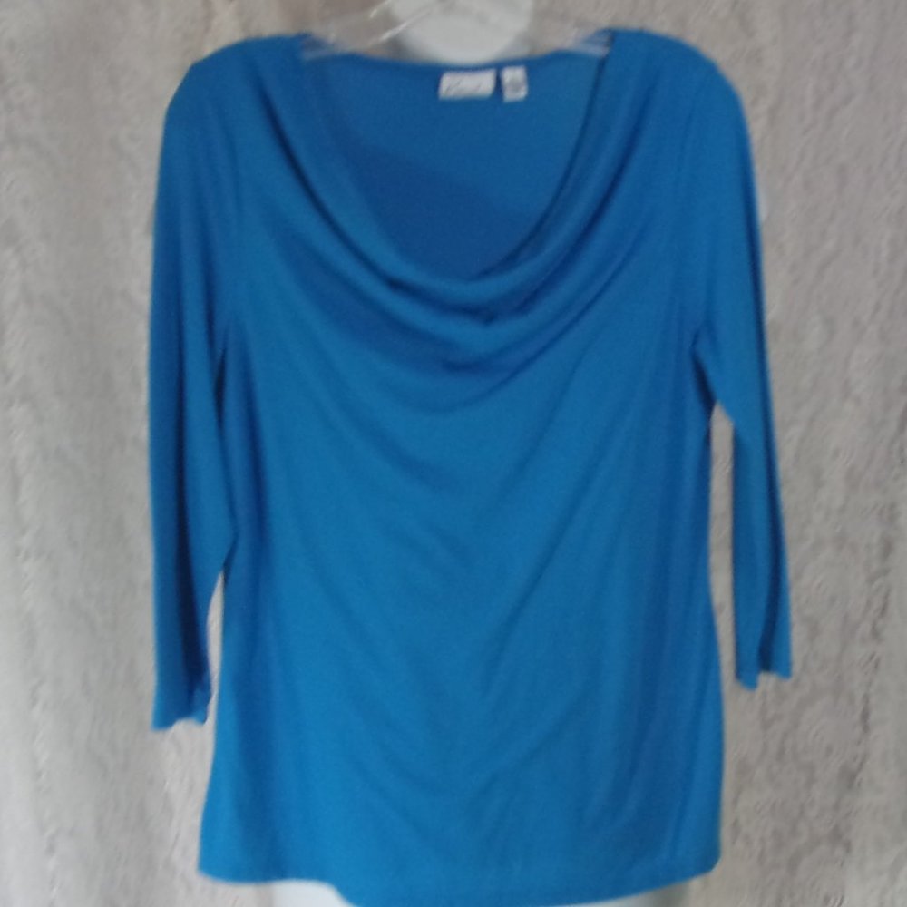 Kim Rogers Blue Drape Front Top Blouse NWOT Size L